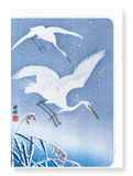 Egrets descending in snow